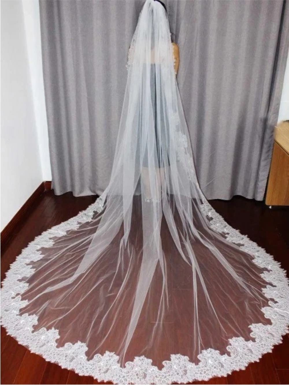 Stunning Soft Thin French Eyelash Lace Cathedral Wedding Veil 98" Mantilla Veil